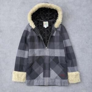 Vintage Y2K Roxy Surf Grey Plaid Pennylane Style Jacket with Faux Fur Hood